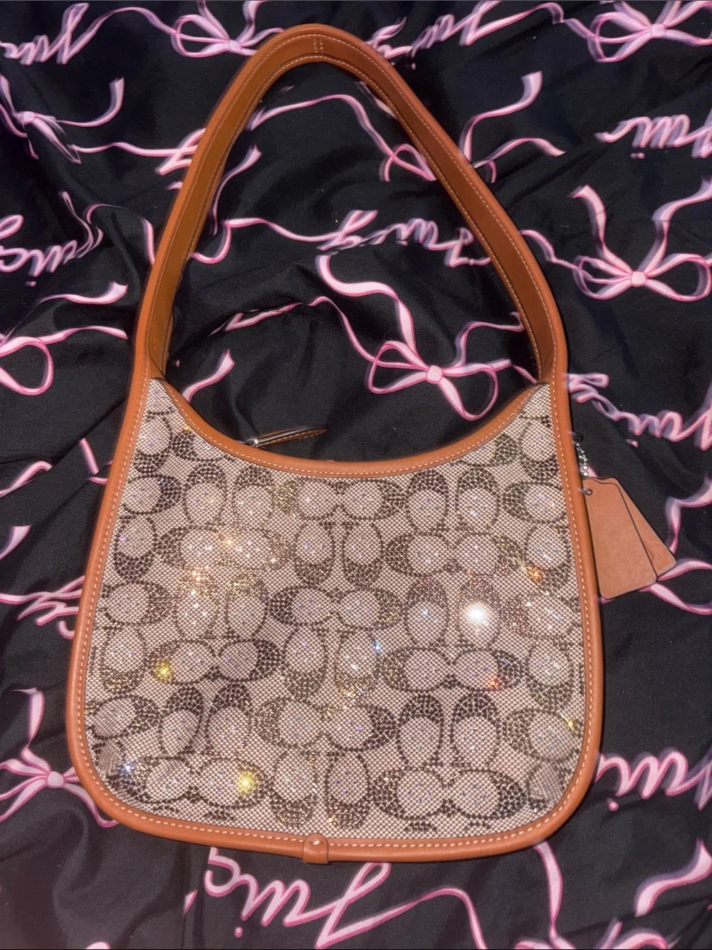 Coach Beige Signature Canvas Shoulder Bag with Tan Trim